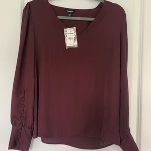 Express Puff Sleeve Button-Cuff V-Neck Blouse